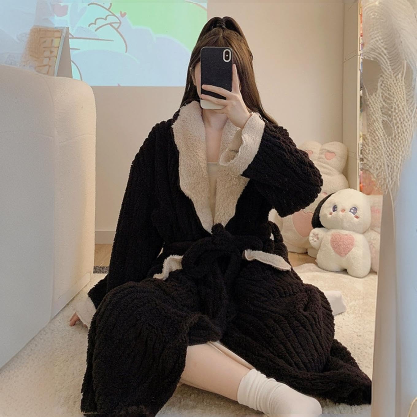 Women's Fleece Robe, Warm Sherpa Collar Bathrobe with Pants, Cozy Winter Loungewear, Black