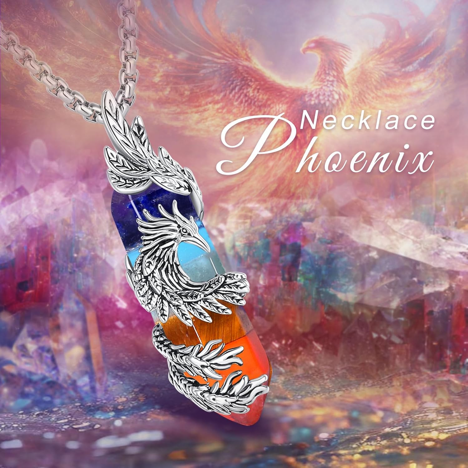 INFUSEU Elegant Phoenix Necklaces with Healing Crystal Stone for Women Men Unique Gifts, 22+2 Inch Chain