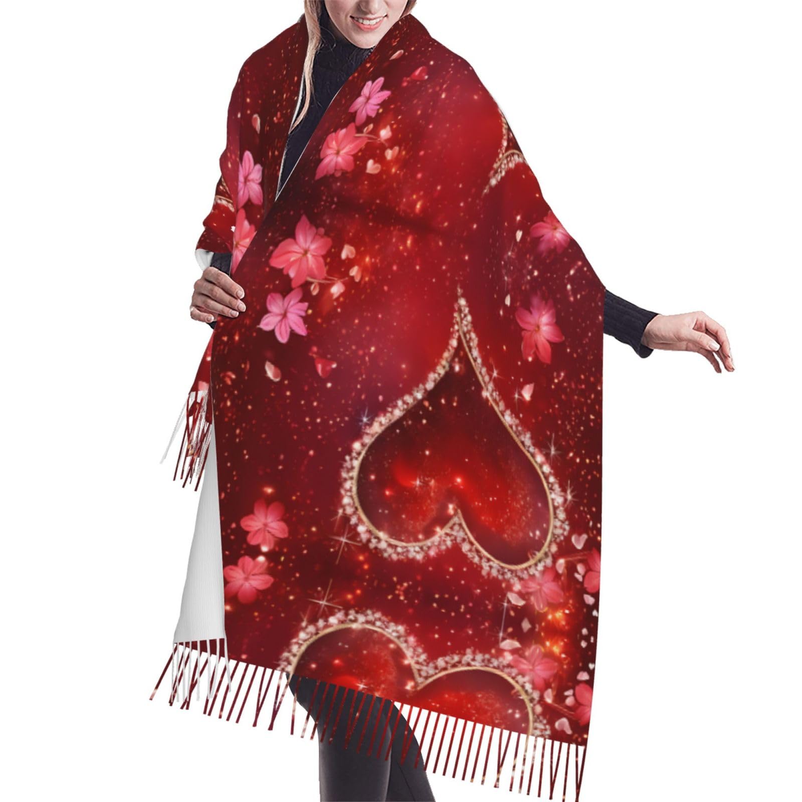 Ezdlowvba Women's Black Romantic Heart Print Winter Scarf Gifts For -Warm Shawl Wraps Tassel Scarves,Cashmere Shawl