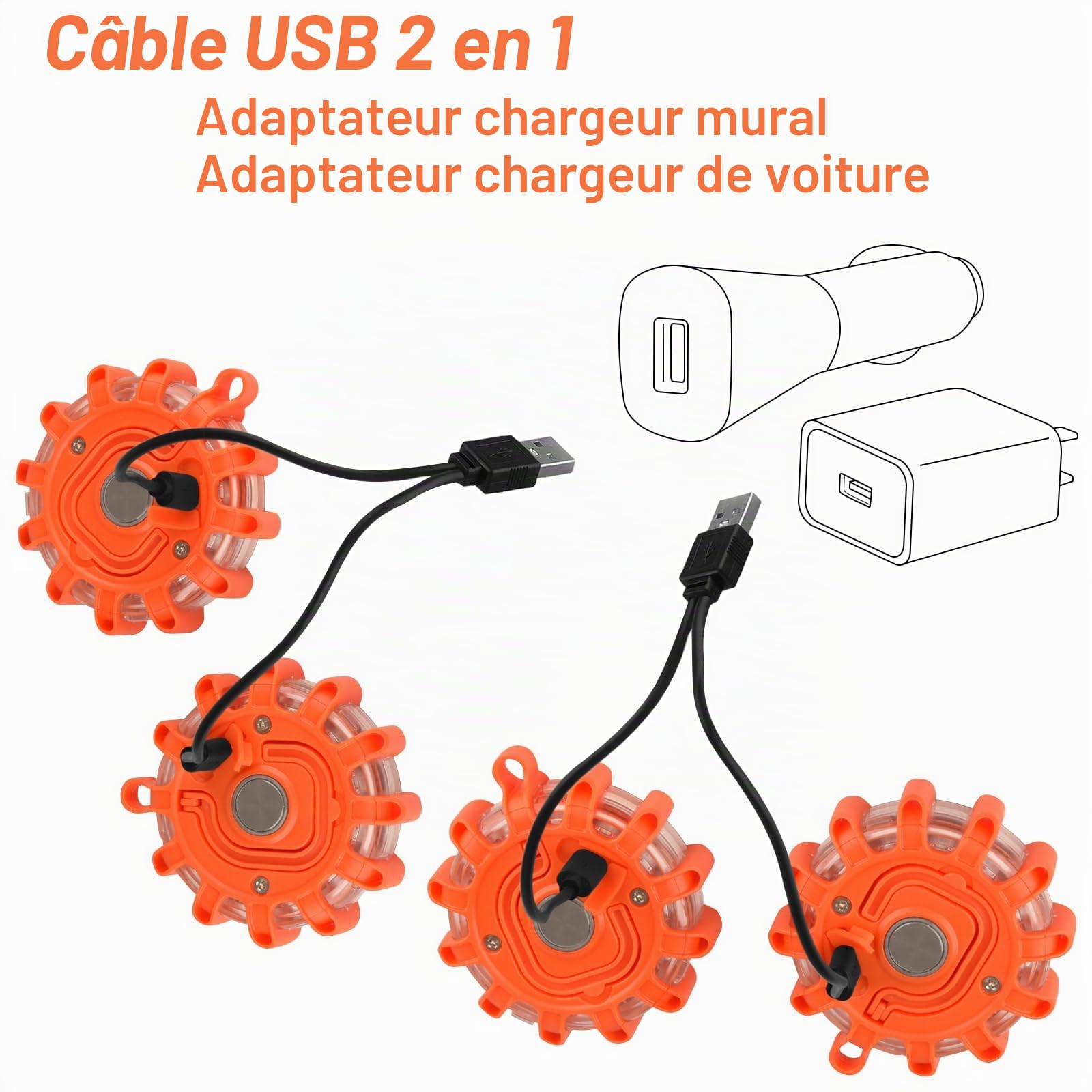 Gyrophare LED,Clignotant Routier LED,Indicateur de disque d'urgence rechargeable USB avec 9 modes de clignotement,câble de charge 2 en 1 et chargeur camion clignotant lumière d'avertissement (4)