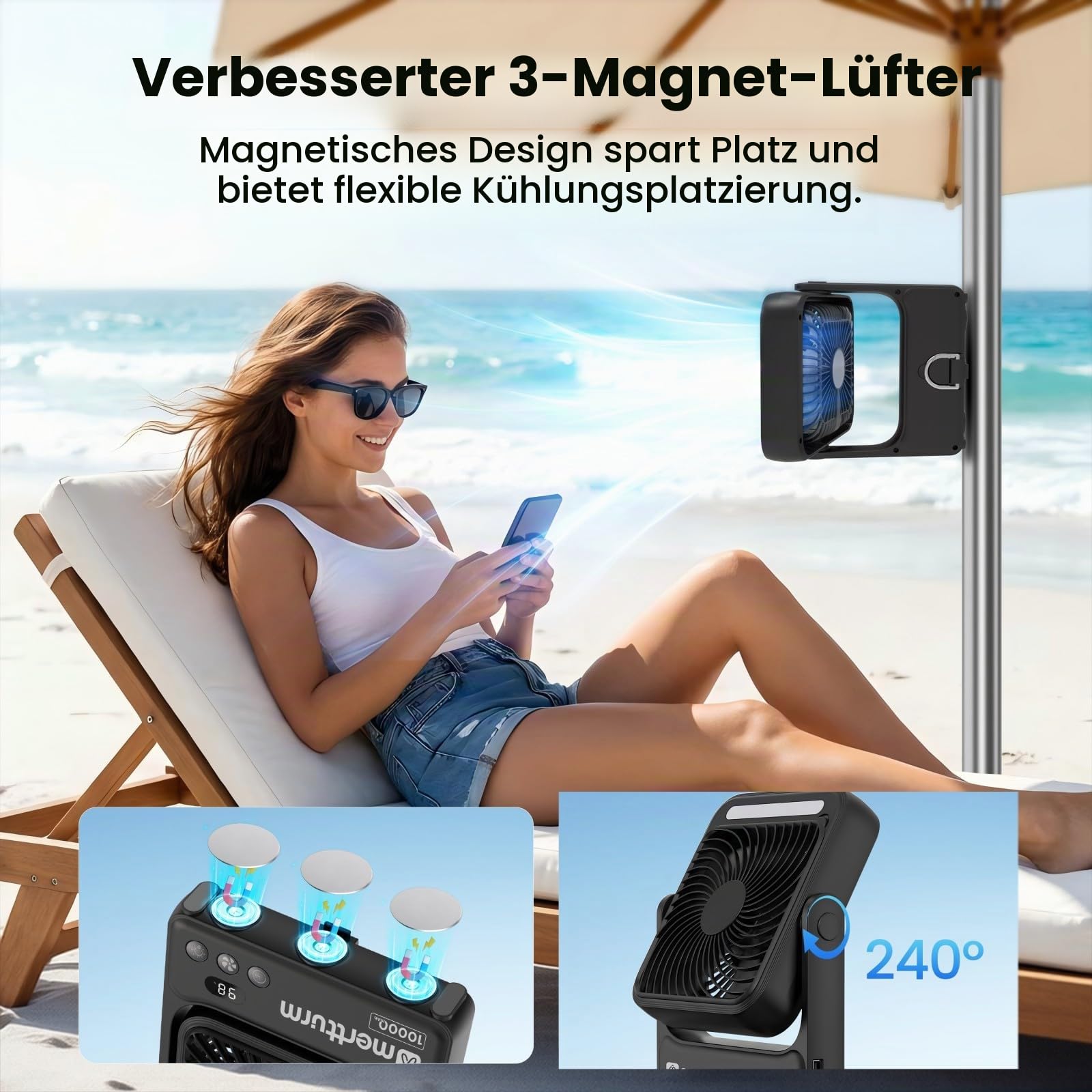 MERTTURM Magnetischer Camping Ventilator mit Lampe, 10000mAh Ultradünner Tragbarer Tischventilator, 4 Geschwindigkeitsstufen, Fernbedienung für Kreuzfahrtschiff, Schlafzimmer, Camping, Reise, Büro