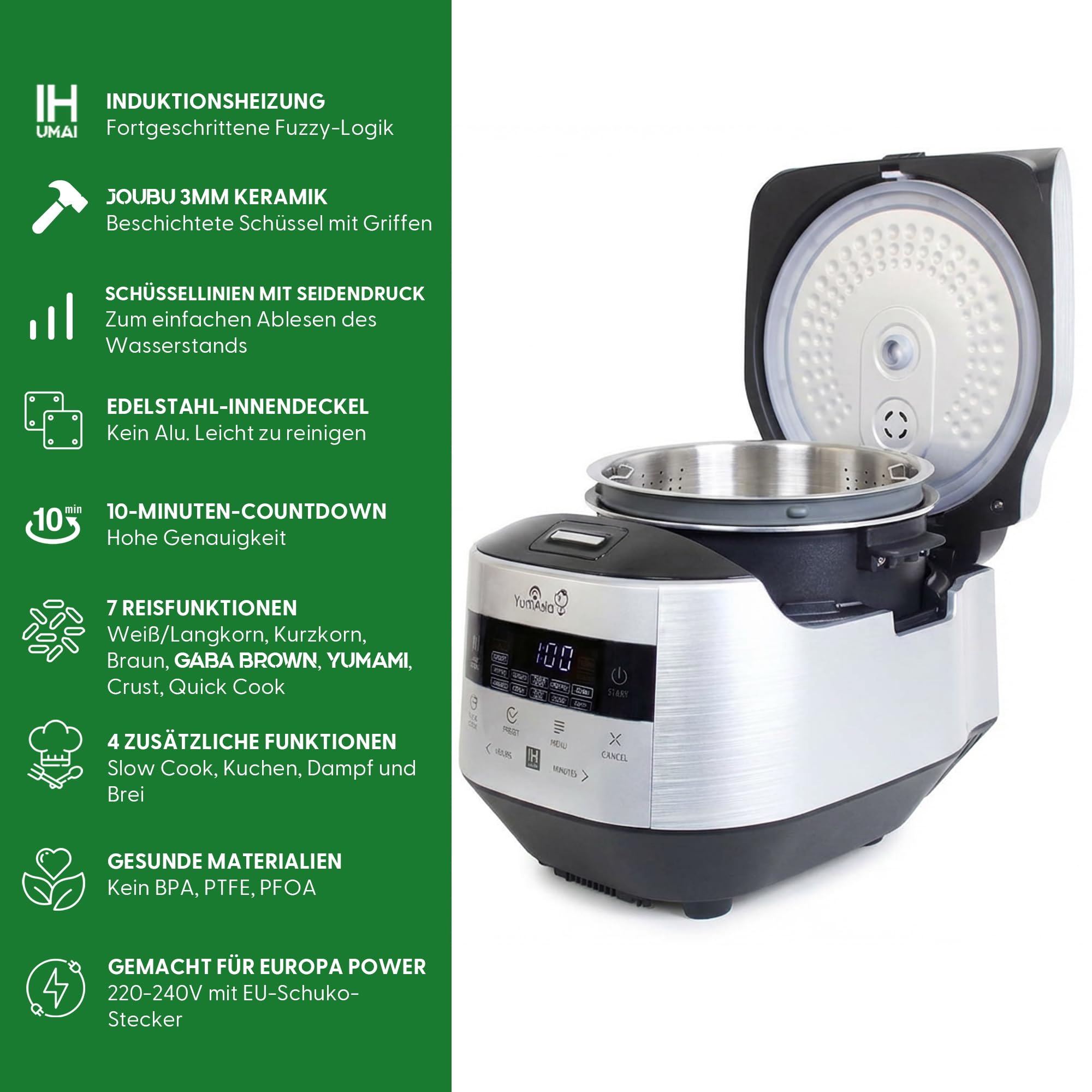 Yum Asia Bamboo Reiskocher mit Induktions-Heizung (IH) und Keramikschüssel, 7 Reiskochfunktionen, 4 Multicooker-Funktionen, Motouch LED-Display, 220-240V EU (Metallic Silber)