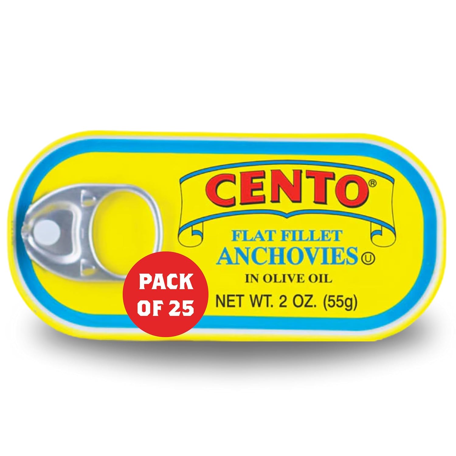 Cento Flat Fillet Anchovies in Olive Oil, 2oz Pack of 25 - Firm Skinless Boneless Moroccan Anchovies, Easy Pull Top