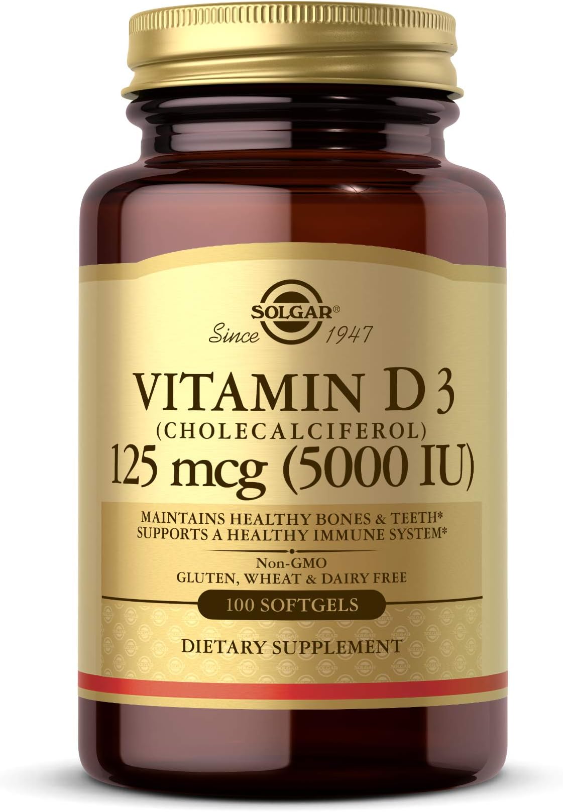Solgar Vitamin D3 Cholecalciferol 5000 IU | 100 Softgels | Maintains Healthy Bones & Teeth | Supports Immune System | Non-GMO, Gluten, Wheat & Dairy Free