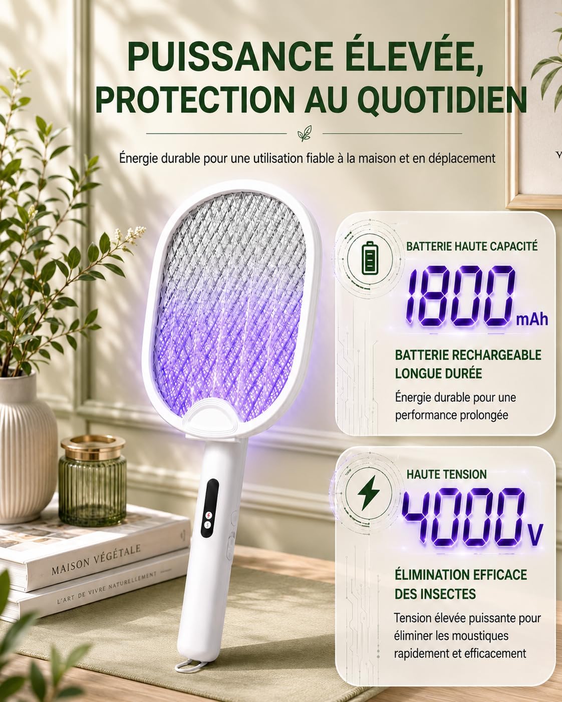 Raquette Electrique Insecte Pliable 4000V Interieur Exterieur Blanc - Mise en situation et utilisation