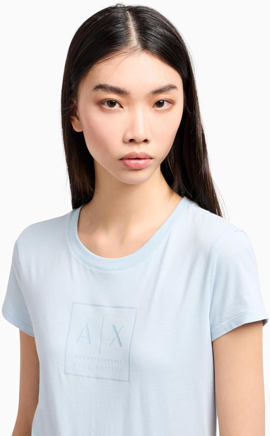 Armani Exchange Womens Limited Edition Blue Edition Crewneck Slim Fit Box Logo Tee - Image 2