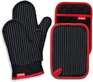 Oven Mitts and Pot Holders Set, Heat Resistant Oven Mitts Gloves Set Hot Pads for Kitchen Cooking Grill, Pure Cotton and Terrycloth Lining, Heavy Duty Thick Gloves Black, 4-Piece Set, by Coziselect