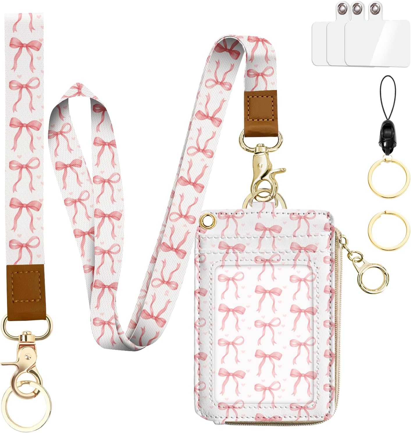 bolimoss Pink Bows Lanyard Wallet with Id Holder, RFID Leather Id Badge Holder with Breakaway Wristlet & Neck Lanyards, Teacher Lanyard for Id Badges，Small Id Card Holder for School Student Nurse ﻿