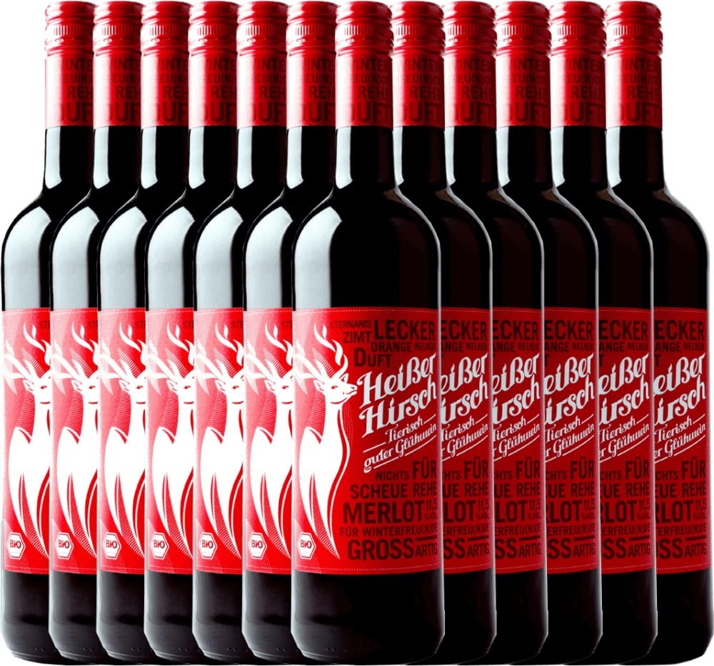12er Vorteilspaket - Roter Bio-Glühwein - Heißer Hirsch | veganer Glühwein | roter Glühwein aus Deutschland in Bio-Qualität | 12 x 0,75 Liter