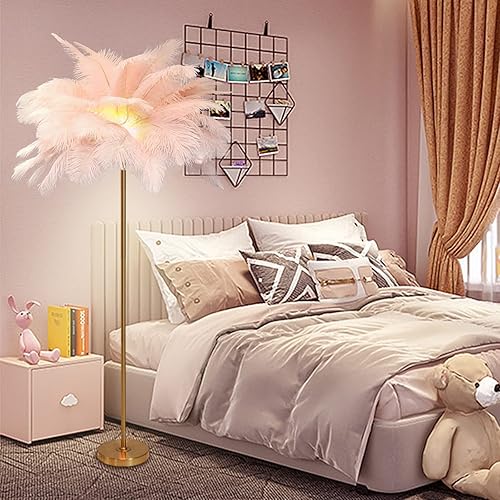 GOYQGLE Lámpara de pie de plumas de avestruz rosa lámpara de pie con acabado dorado luz de pie de palmera regulable con interruptor de pie lámpara