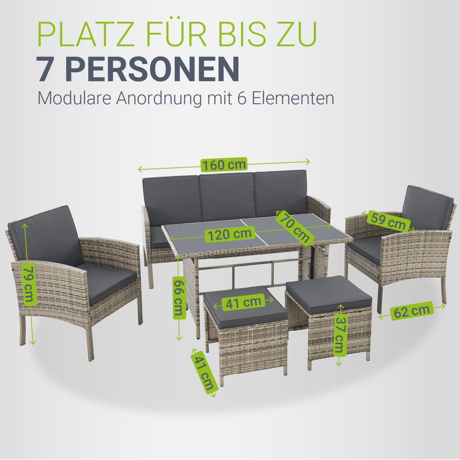 Juskys Gartenmöbel Set Polyrattan 6-teilig – Lounge Möbel Turin für 7 Personen mit Sesseln, Hockern, Tisch & Kissen, wetterfeste Balkonmöbel Sitzgruppe – Grau meliert