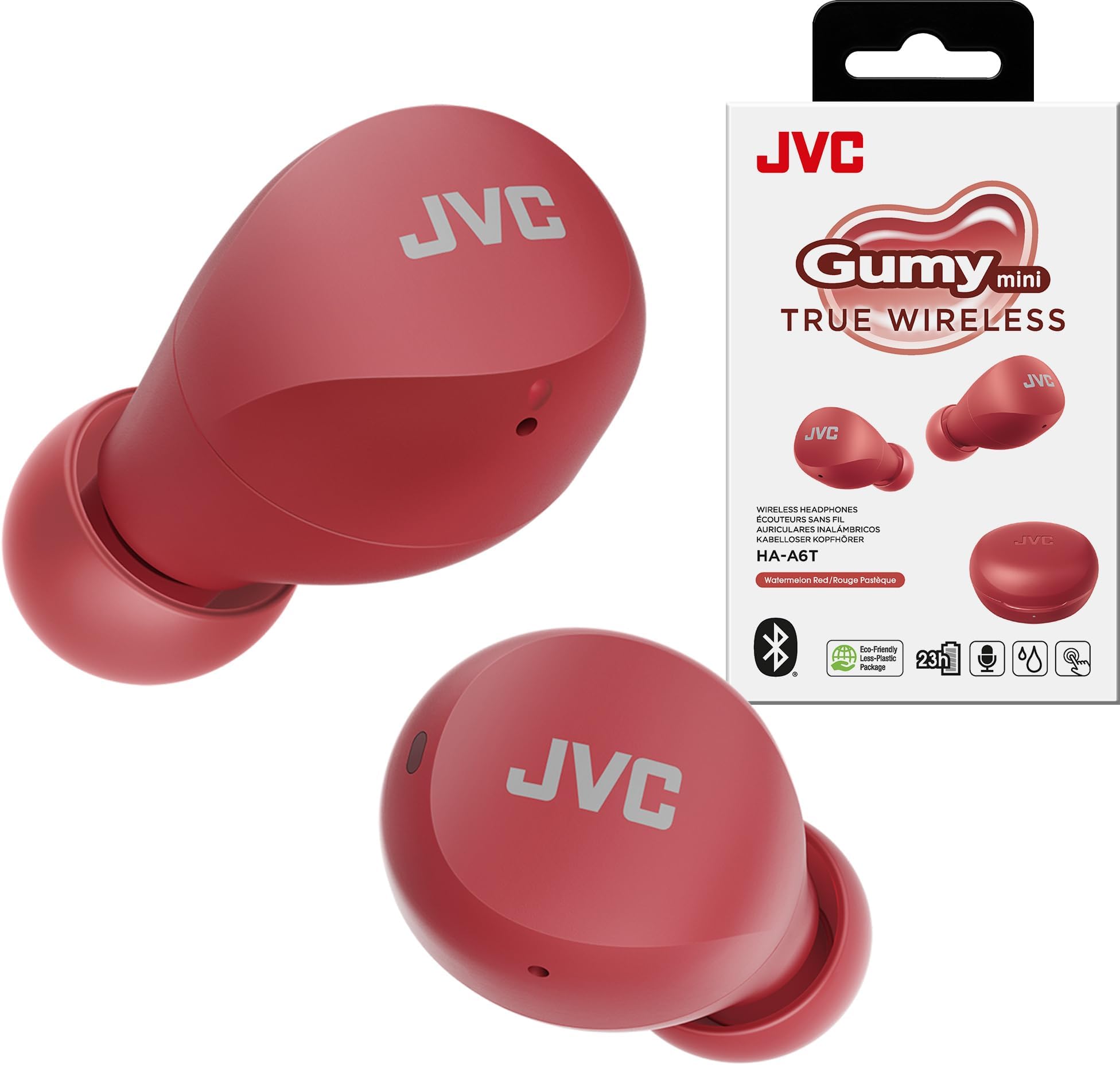 Compact and Lightweight Gumy Mini True Wireless Earbuds Headphones, Long Battery Life (up to 23 Hours), Sound with Neodymium Magnet Driver, Water Resistance (IPX4) - HAA6TR (Red)