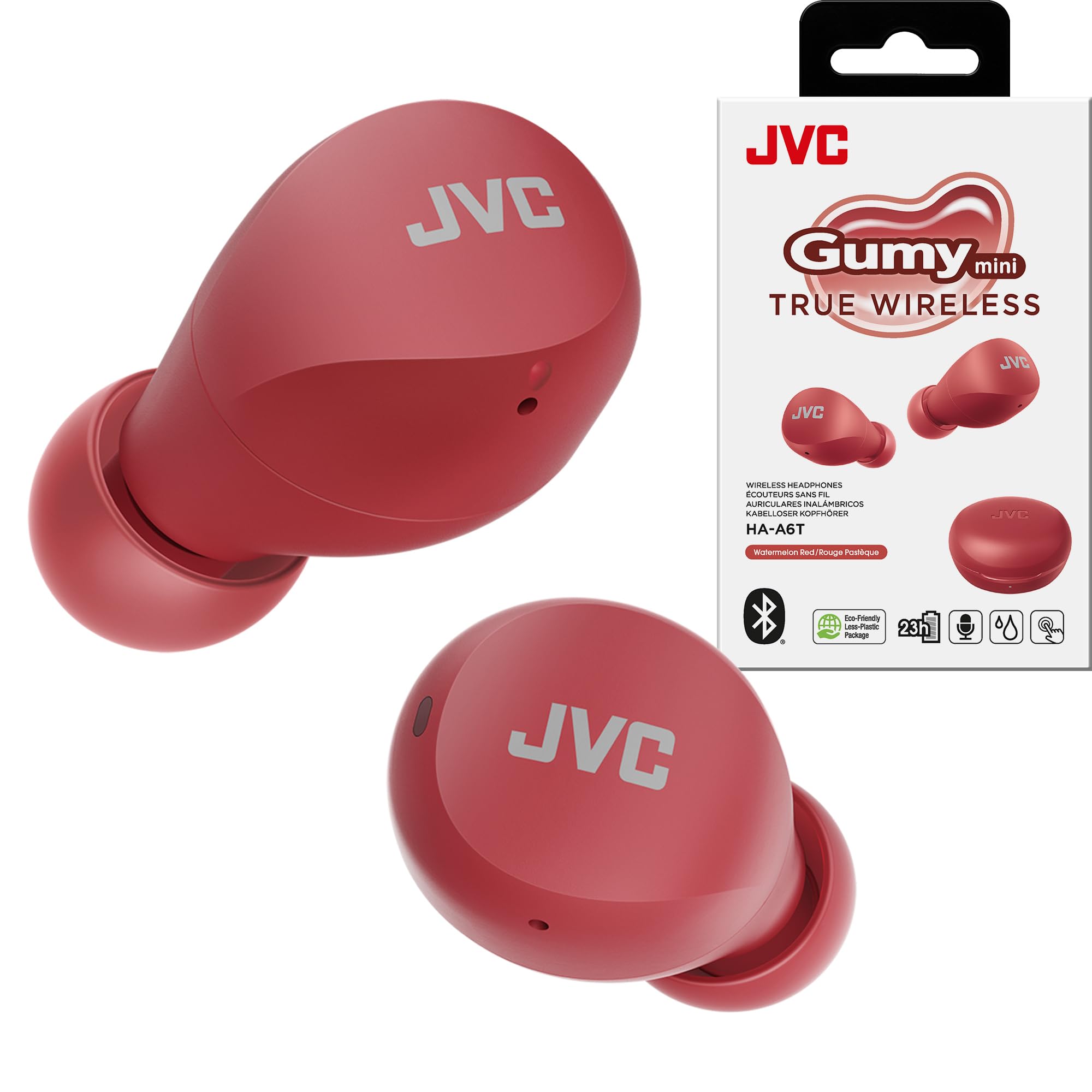 JVC Compact and Lightweight Gumy Mini True Wireless Earbuds Headphones, Long Battery Life (up to 23 Hours), Sound with Neodymium Magnet Driver, Water Resistance (IPX4) - HAA6TR (Red)