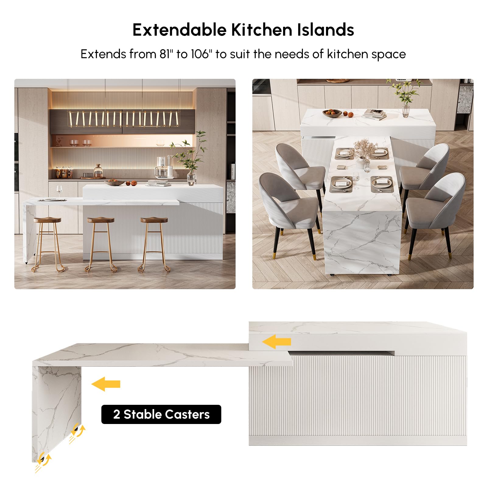 Homary Îlot Central de Cuisine Extensible avec Rangements 205-268 cm, Meuble Îlot Moderne avec 3 Tiroirs, 3 Portes & 2 Étagères, en Bois, Résistant à l'eau, pour Salle à Manger