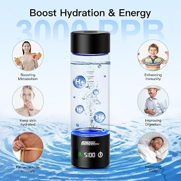 Hydrogen Water Bottle with LED Display, 3000ppb Portable Water Ionizer Machine with SPE/PEM Technology in 5-Minute Electrolysis, Rechargeable Hydrogen Rich Glass Cup for Home Office Travel & Fitness