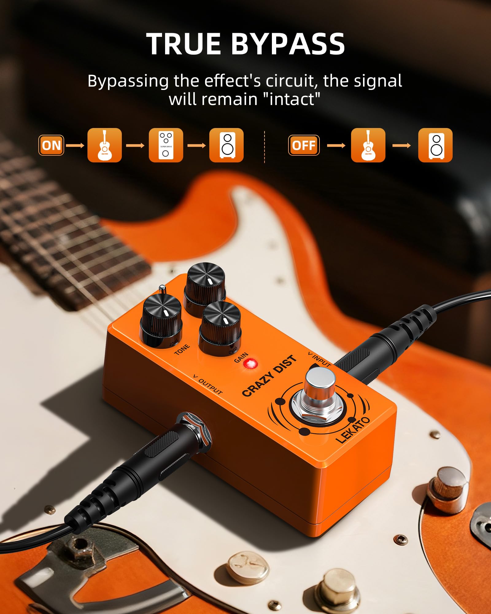 LEKATO Mini pedale distorsione, effetto distorsione, per chitarra elettrica, con due modalità BASS CUT/DIST, pedale analogico per chitarra, Truebypass, DC 9 V