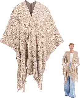 MissShorthair Boho Crochet Shawl Wrap for Women - Lightweight Knit Cape Open Front Cardigan with Fringe