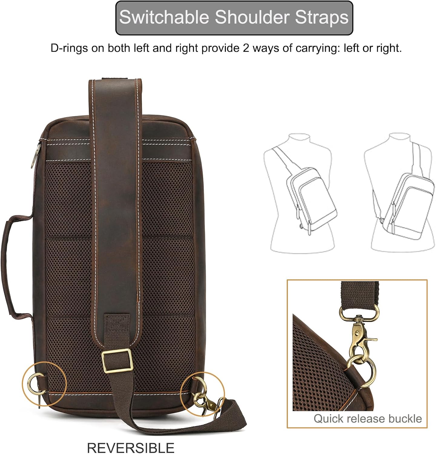 LUUFAN Men's Genuine Leather Sling Bag Chest Shoulder Backpack Multi Pocket Crossbody Bag for Casual Sport Hiking Travel