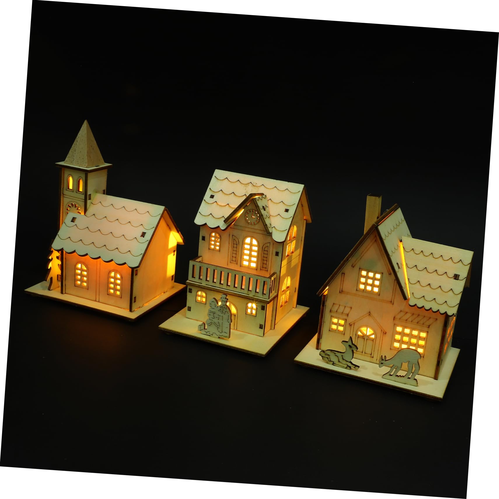 GALPADA 3 Piezas Decoración Navideña de Madera Luminosa Hogar de Casa de Madera LED para Casas Luminosas Decoración Escritorio Hogar