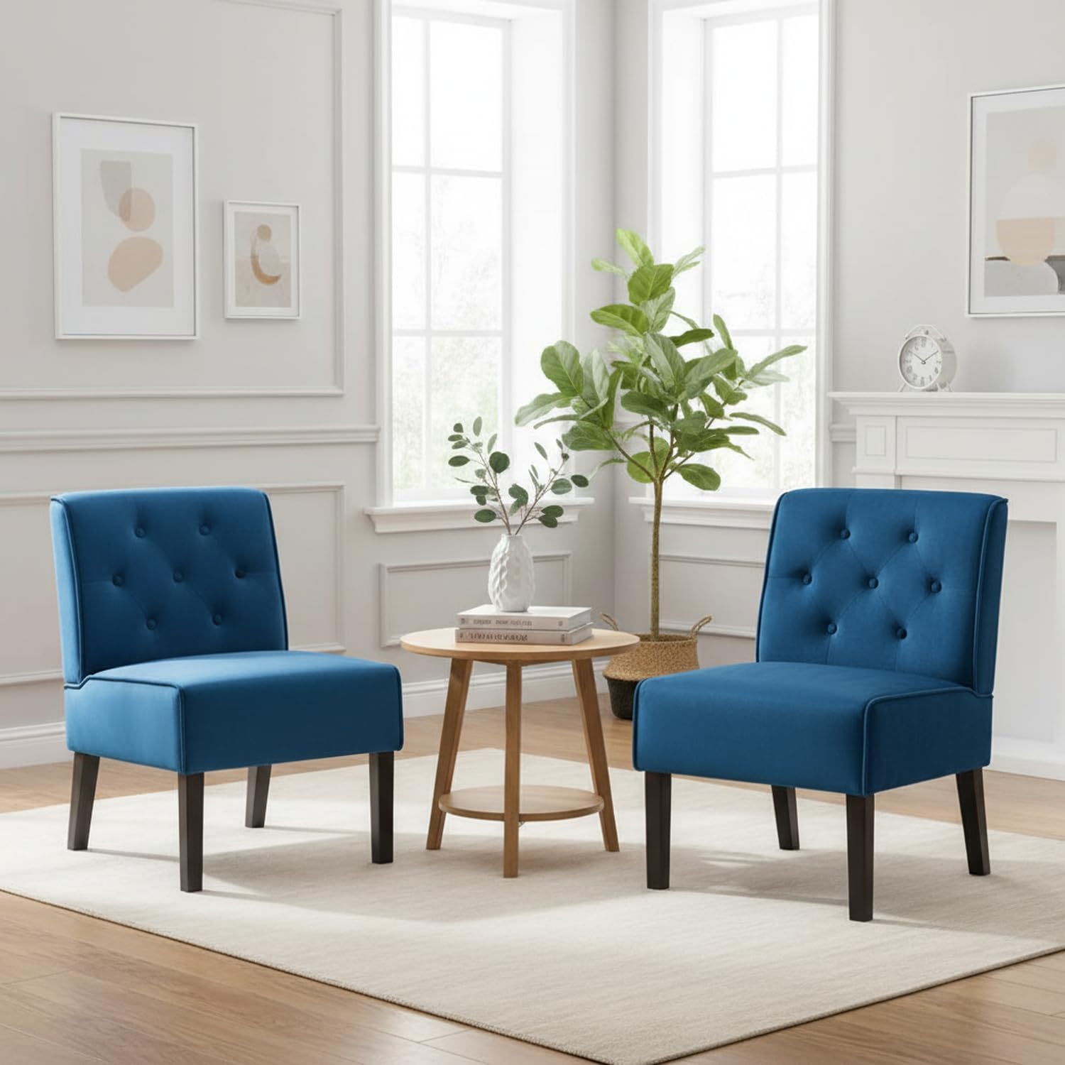 Reeso 2-Piece Living Room Armless Button Tufted Pattern Accent Chair, Dark Blue