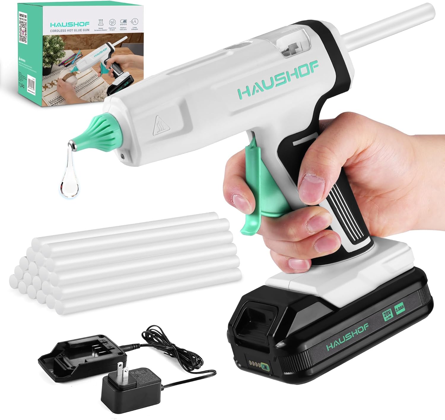 HAUSHOF Cordless Hot Glue Gun, 20V Glue Gun with 20 PCS Full Size Sticks, Drip-Free Fast Preheating Glue Gun Kit for DIY & Crafts, Repair and Construction, Rechargeable Battery and Charger Included