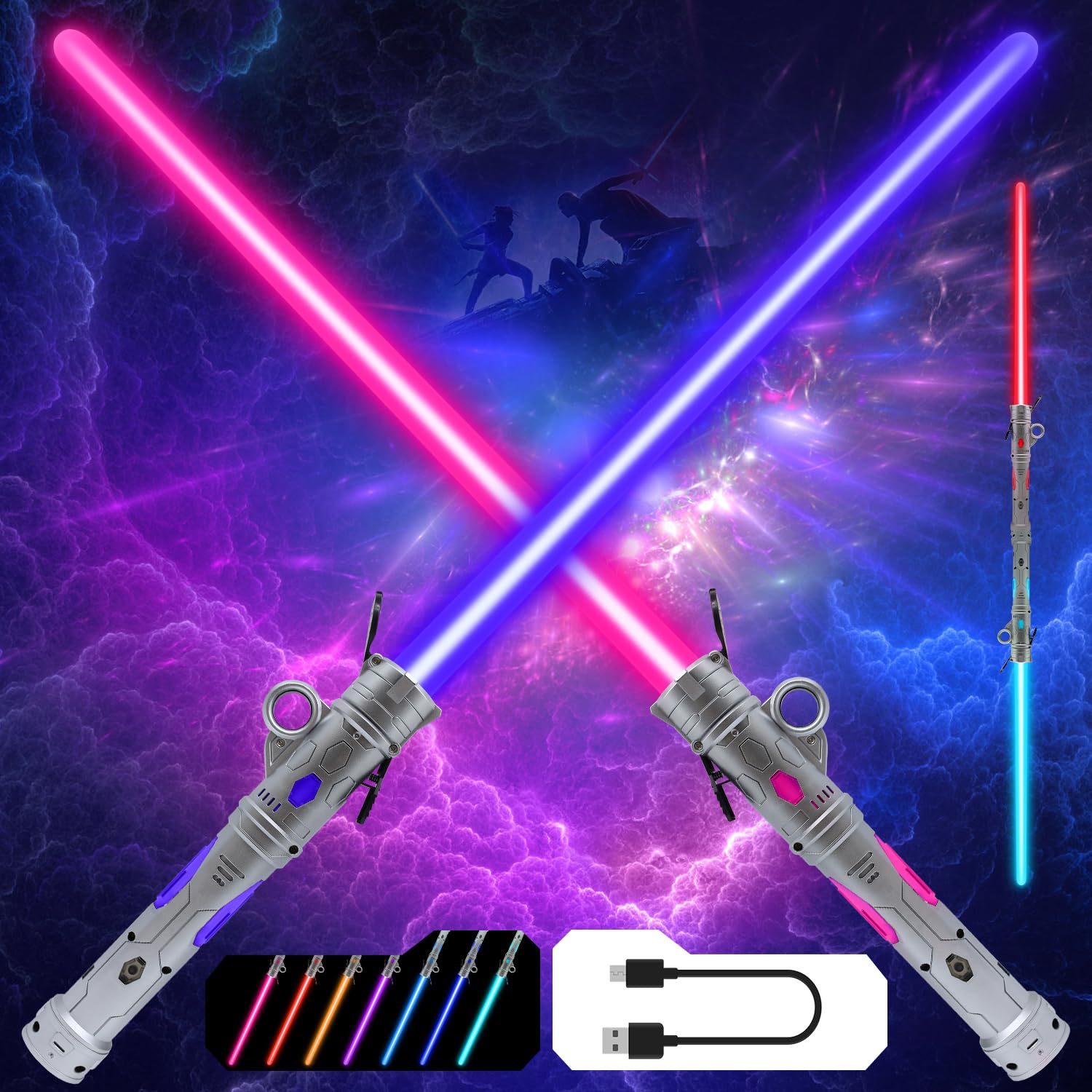 Gianby Kids Saber, 2-in-1 LED Dual Light Swords Set with 25 Color Changing Electronic Lights & 3 Modes FX Sound, Rechargeable Roleplay Toy (2 Pack)