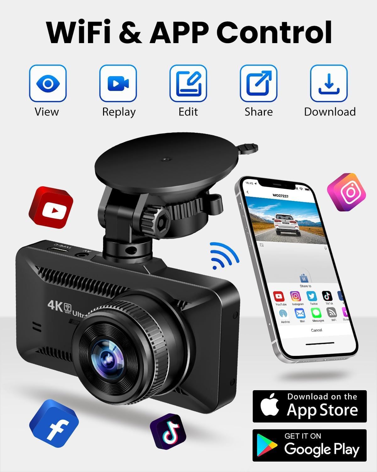 Oryzom Dashcam 4K Pro – Enregistrement Ultra HD avec caméras Avant/arrière, Vision Nocturne et Surveillance 24h/24(Chargeur de Voiture Standard 4k + 1080P + Allume-Cigare)