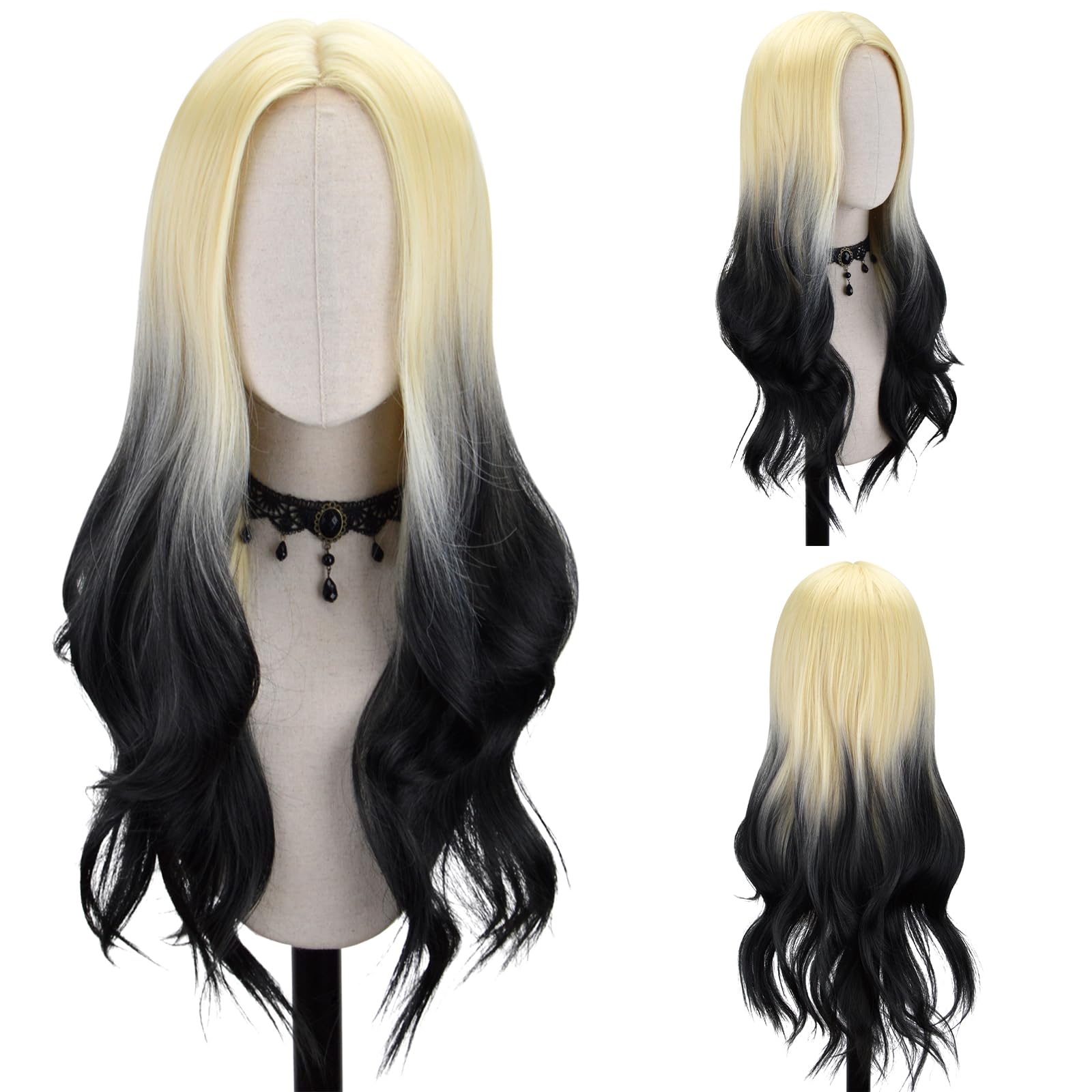 FREE BEAUTY Long Blonde mix Black Wavy Wig for Women Middle Part Curly Wavy Wig Natural Looking Synthetic Heat Resistant Fiber Wig for Daily Party Use