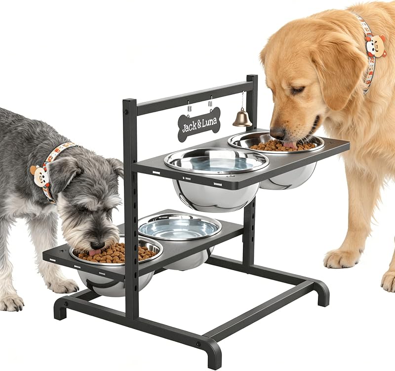 Comedouro elevado para cães ADENGL com 4 tigelas de aço inoxidável e altura ajustável, 1,7 L, modelo DA000F-A