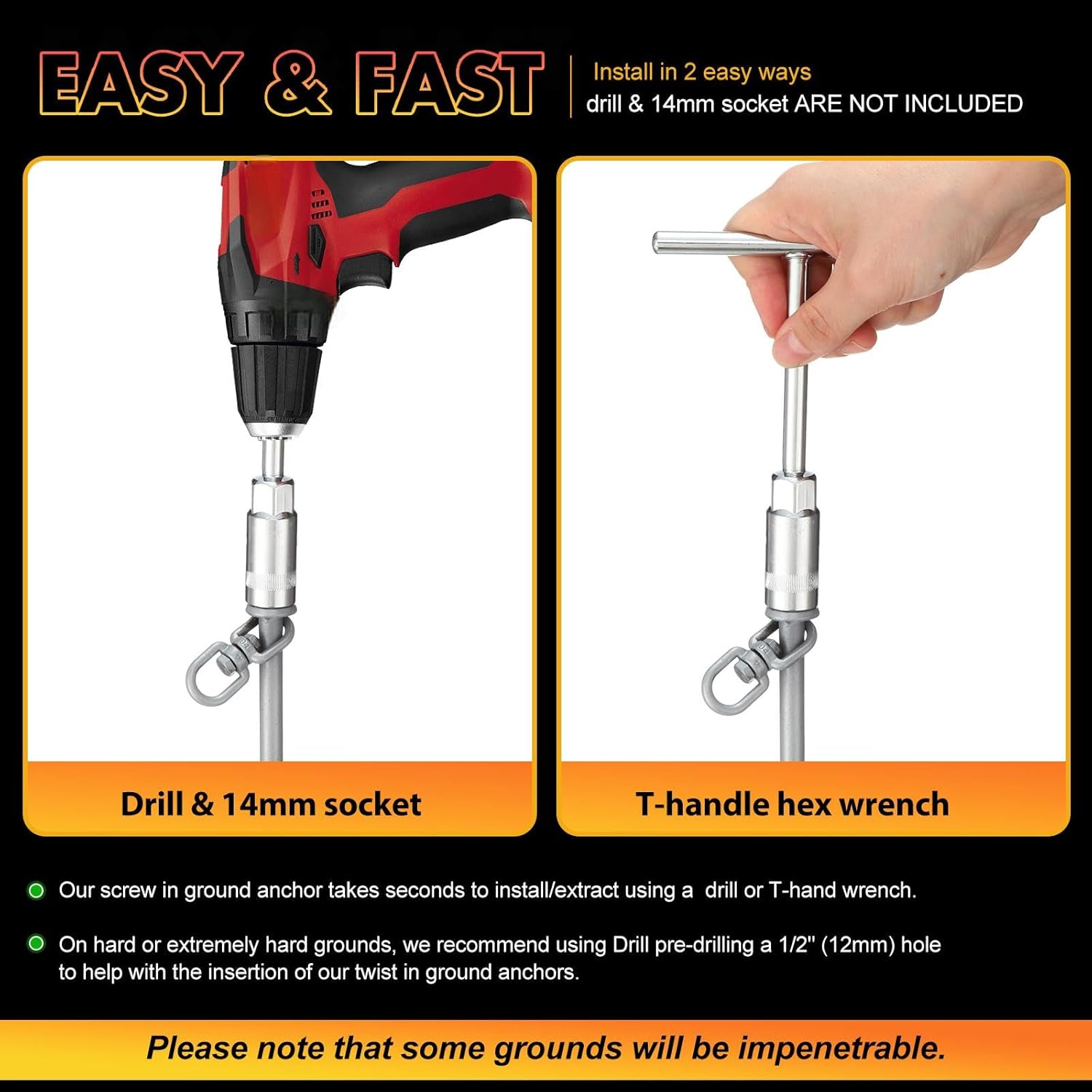 Hiboom 4 Pcs Ground Anchors with T Handle Hex Wrench Trampoline Hook, Ground Anchor Screw in Kit, Inflatable Outdoor Decorations Accessories for Camping Tents Car Ports Canopies (Silver,16 Inch)