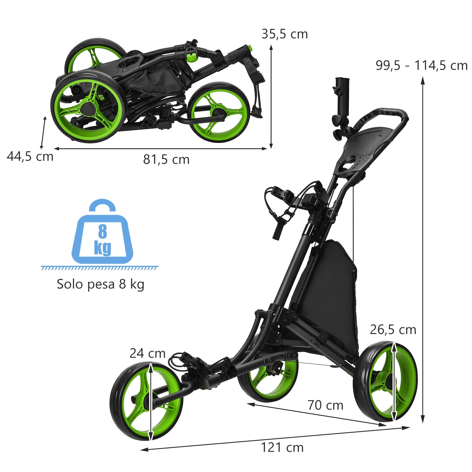 COSTWAY Carro de Golf Plegable 3 Ruedas con Bolsa Aluminio, Paraguas Regulable y Portavaso