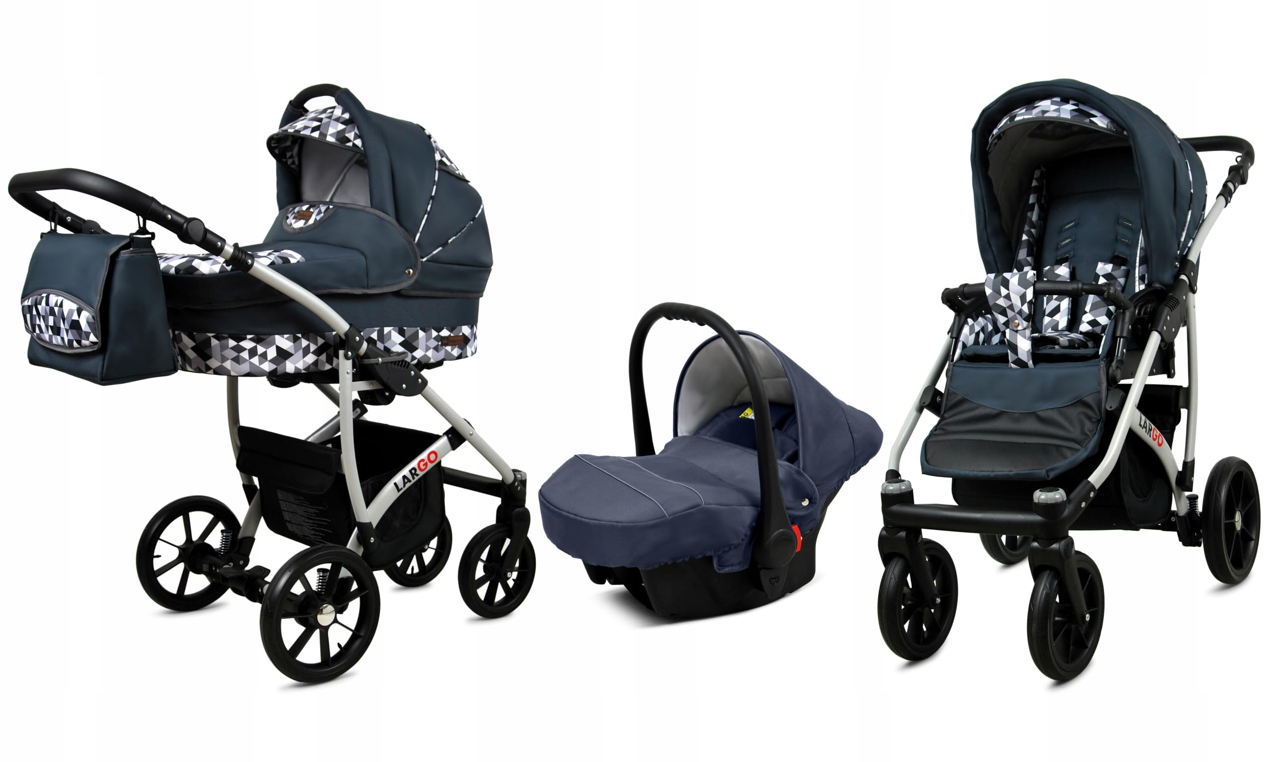 BabyLux Zestaw wózków dziecięcych 3 w 1 – Largo – w zestawie wanienka dla niemowląt, fotelik sportowy, fotelik samochodowy – zestaw wózków dziecięcych z torbą do przewijania, osłoną przeciwdeszczową