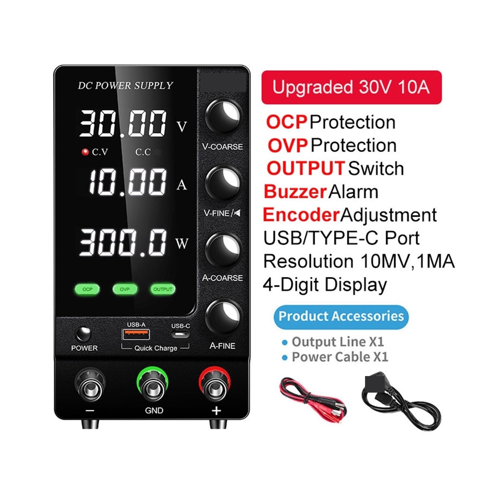 Fuente de alimentación variable, Fuente De Alimentación OVP OCP DC 30V 10A, Modelo Mejorado Con Interruptor SALIDA, 12V 24V 60V 120V, Regulador Corriente Voltaje Ajustable(SPS-C3010S 30V10A)