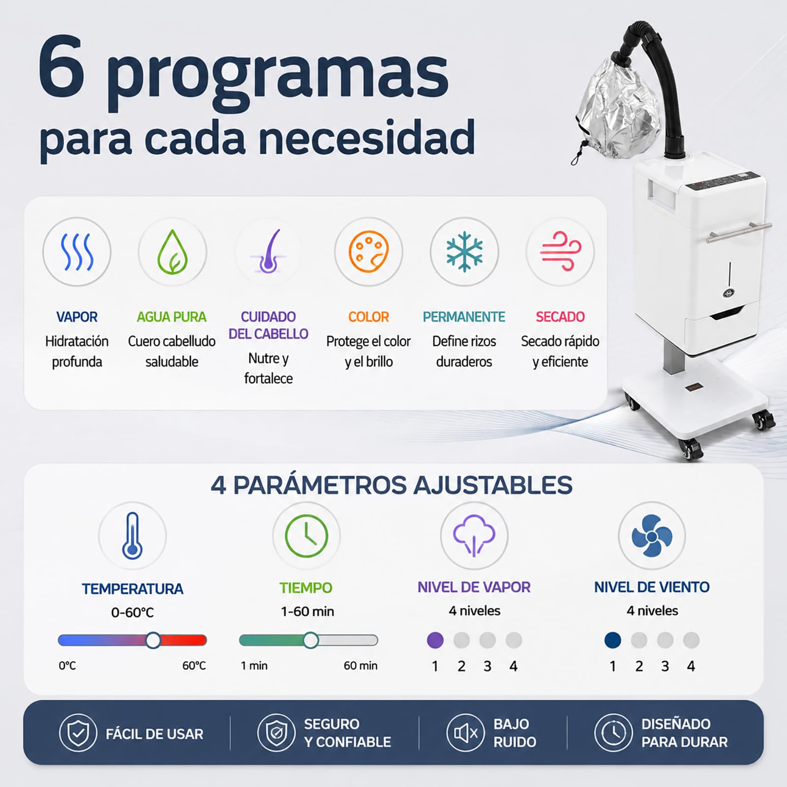 Nano, vaporizzatore per capelli, 500 W, con 6 programmi, display LCD, 1000 ml, temperatura regolabile 32-140 ℉, per la colorazione permanente, per la cura dei capelli con ruote e cassetto