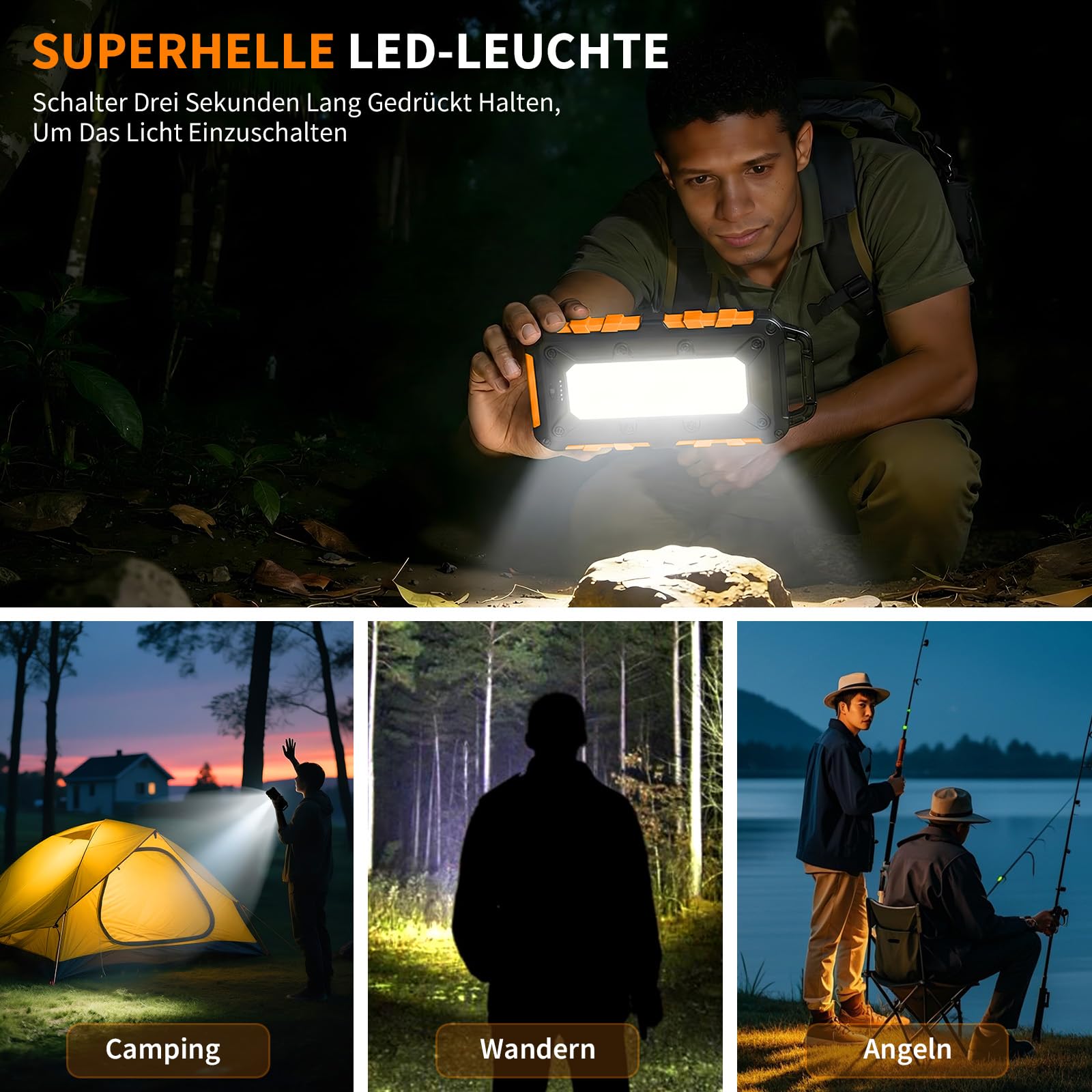 Solar Powerbank 10000mAh PD 22,5W Tragbares Solar Ladegerät USB C Outdoor Wasserdicht Externer Akku mit LED-Licht und 3 Ausgängen für Tablets Smartphones Outdoor Camping Orange
