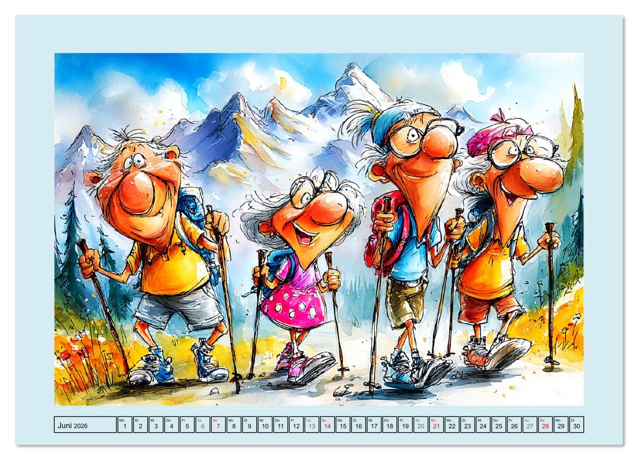 Rentner rocken das Leben! Mit Schwung durch den Ruhestand (Wandkalender 2026 DIN A2 quer), CALVENDO Monatskalender: Ein witziger Cartoon-Kalender ... in vollen Zügen genießen (CALVENDO Menschen)