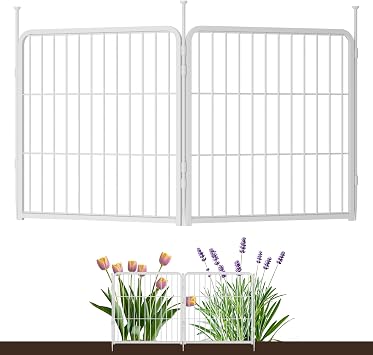 SunsGrove Garden Fence 24 inH x 3.7 ftL 2 Panels, Heavy Duty Metal Animal Barrier Fence for Dogs, Easy No-Dig Setup, Dog Fence Outdoor for Yard, White