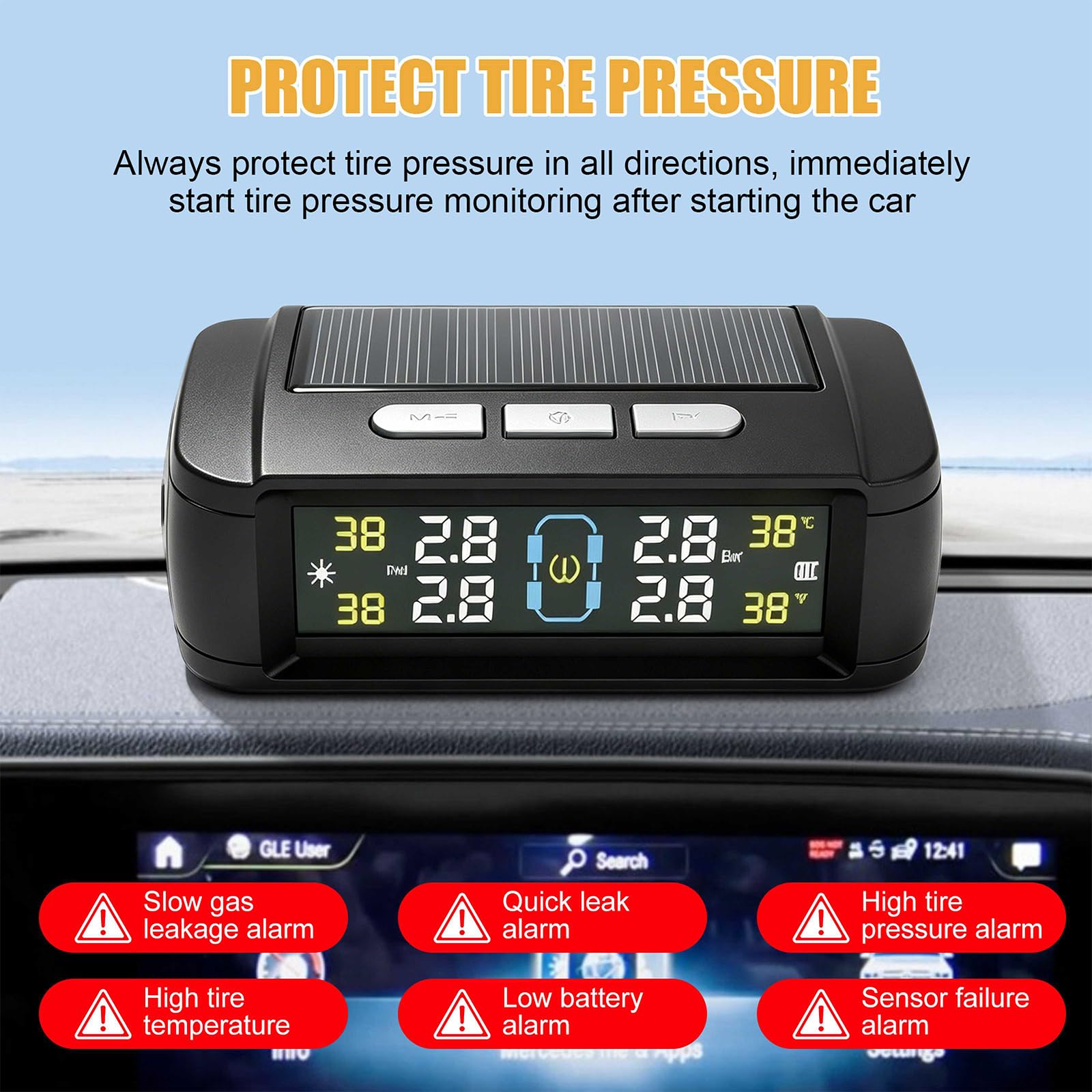 BORDEAG TPMS Reifendruckkontrollsystem, 94 * 67 * 29mm Reifendruckkontrollsystem TPMS, TPMS Reifendrucksensor, Reifendrucküberwachungssystem für PKW SUV Van, Vierfach-Druckanzeige, Solar USB
