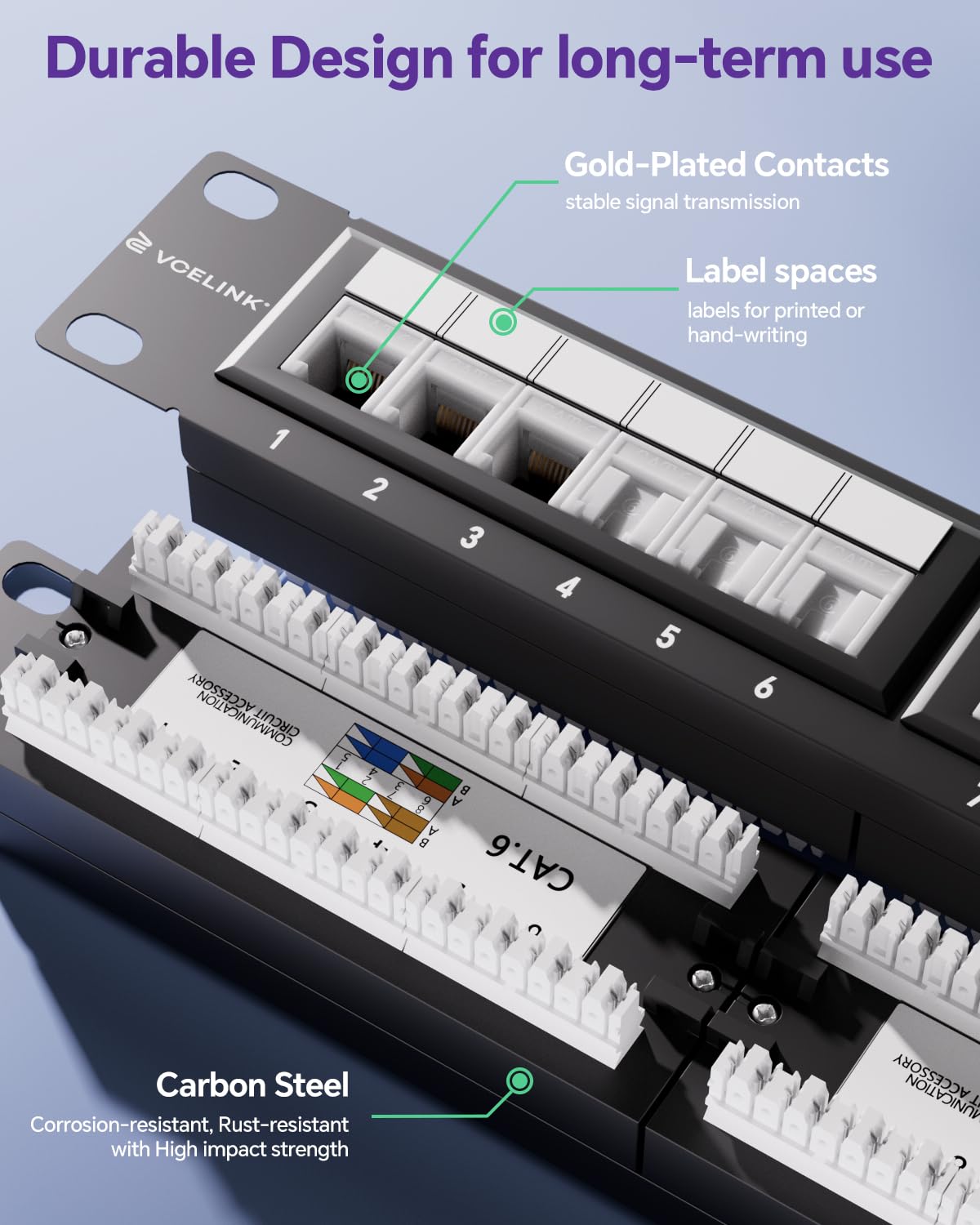 VCELINK 24-Port CAT6 Unshielded Patch Panel with Dust Cover, 1U RJ45 Rackmount Panel with Detachable Cable Management Bar for CAT5/5E/6 Cabling