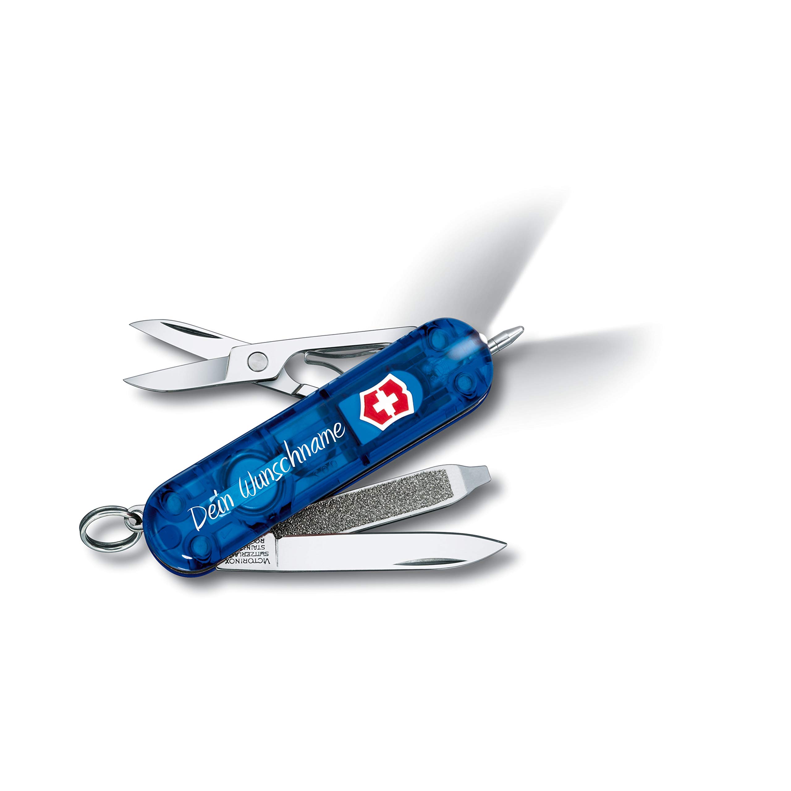 Victorinox Navaja Firma Lite Con Impresión Deseada en La Cáscara I Regalo Para Hombres Cumpleaños I Suiza Navaja Personalizada 10 Funciones 0.6385 - azul transparente, 58 x 20 x 12 mm