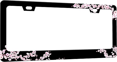 Miniatura 7 de Marco de matrícula de flores de cerezo con hermosas flores rosadas, divertido soporte de accesorio de automóvil de acero inoxidable para mujeres y