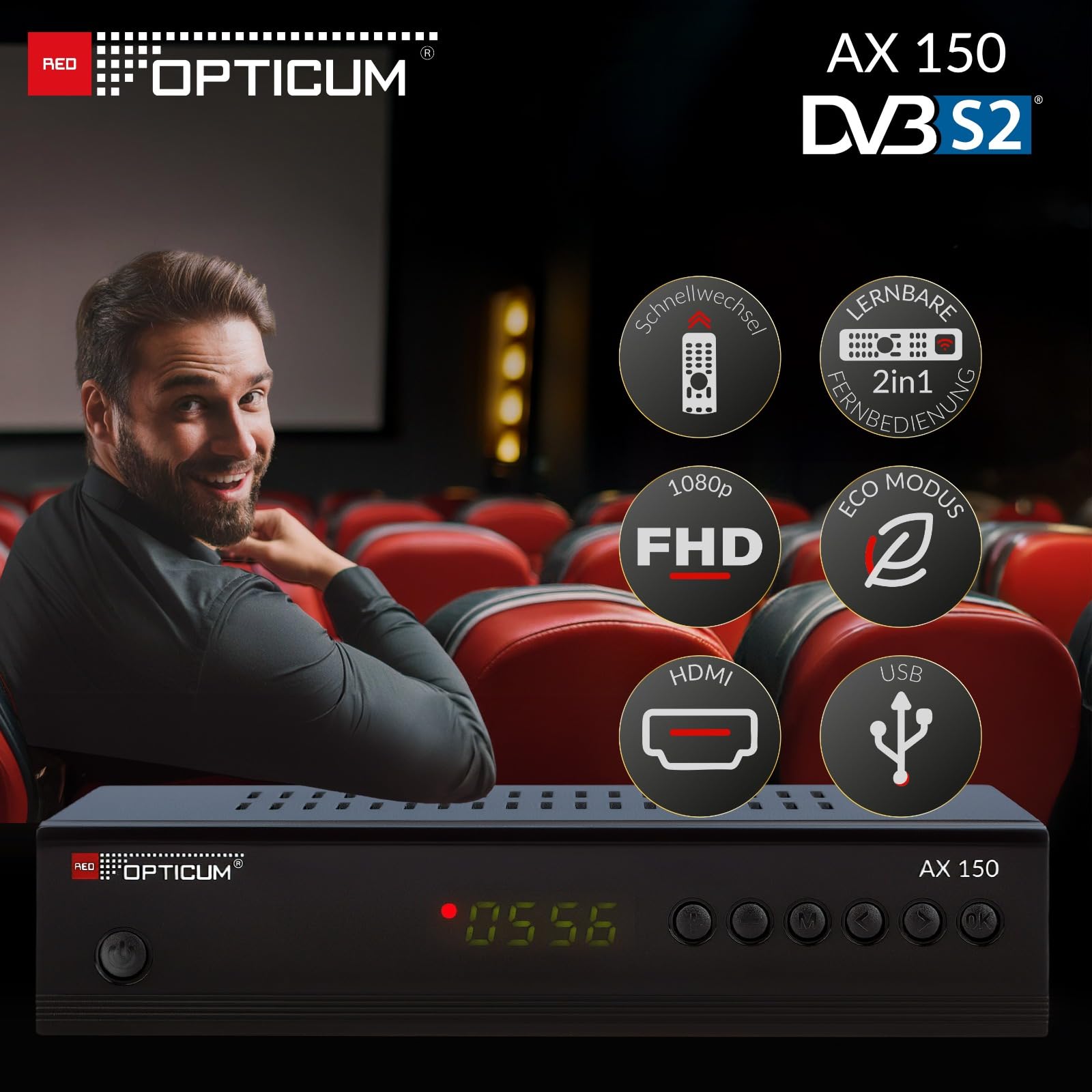 RED Opticum AX-150 Sat Receiver mit Aufnahmefunktion PVR Ready, Digital Sat-Receiver HD fähig für Satelliten, Satellitenschüssel mit HDMI - SCART - USB, TV HD-Receiver Satellit TV (Test: SEHR GUT)