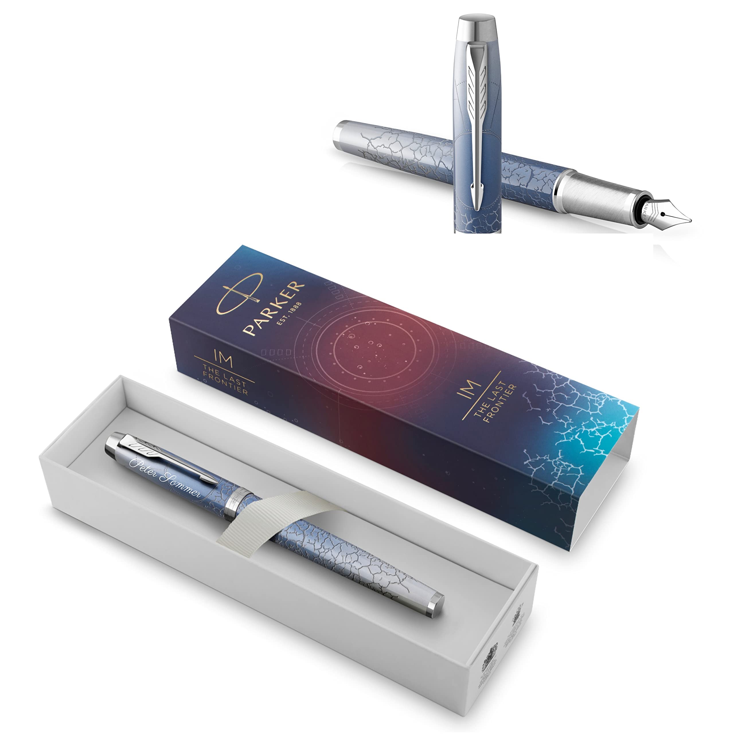 Parker - Penna stilografica IM con confezione regalo, inchiostro blu, elegante, personalizzabile con incisione, ideale per compleanni (argento “Polar” S.E.)