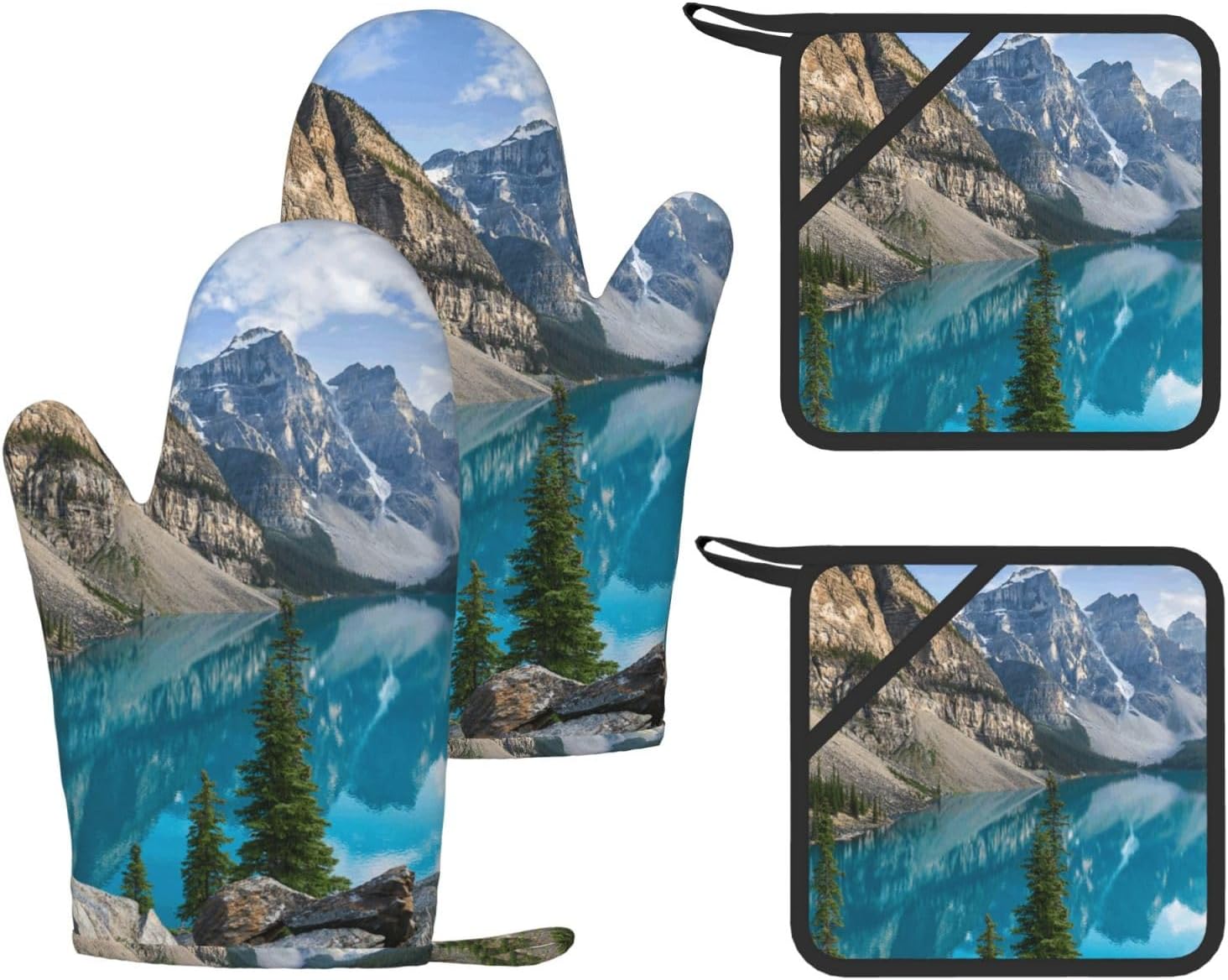 Beautiful Mountains Oven Mitts and Pot Holders Set of 4 Heat Resistant Kitchen Gloves with Silicone Palm Hot Pads for Baking Cooking Grilling BBQ
