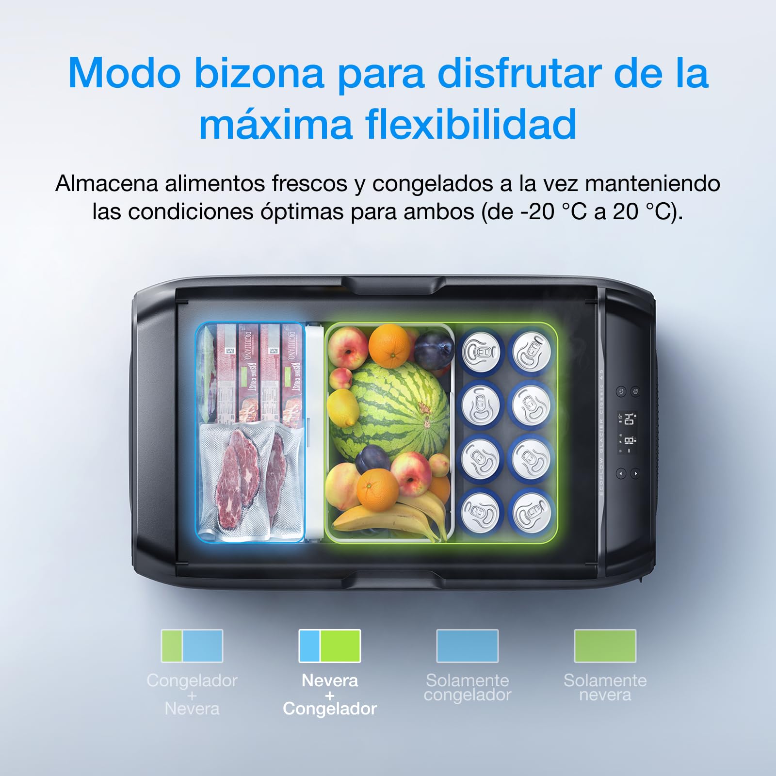 EF ECOFLOW Nevera portátil eléctrica GLACIER Classic 55 L, doble zona con batería 298 Wh, control APP, 39h de enfriamiento sin conexión a la red, carga por CA, solar y vehículo, para camping, viajes