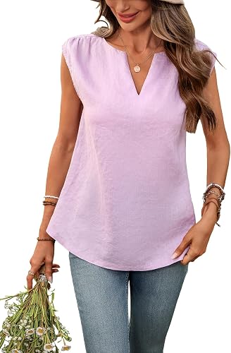 vinglam Women's 100% Linen Tops Loose Fit V Neck Ruched Cap Sleeve Summer Trendy
