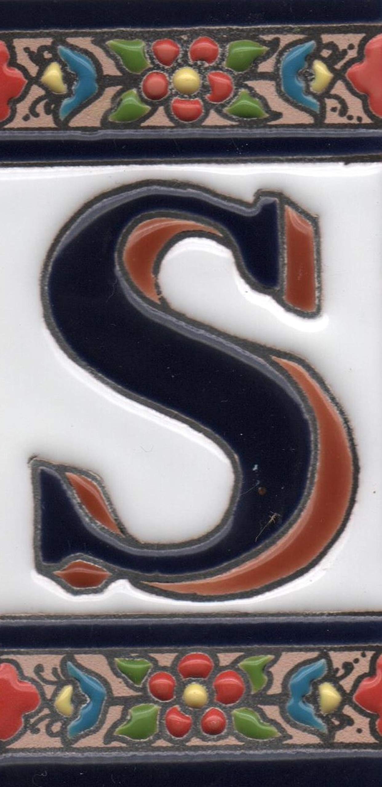 House Numbers Ceramic Numbers & Letters Tiles Red Blue & Green Floral Design Tile Size: 11cm x 5.5cm (Letter S)