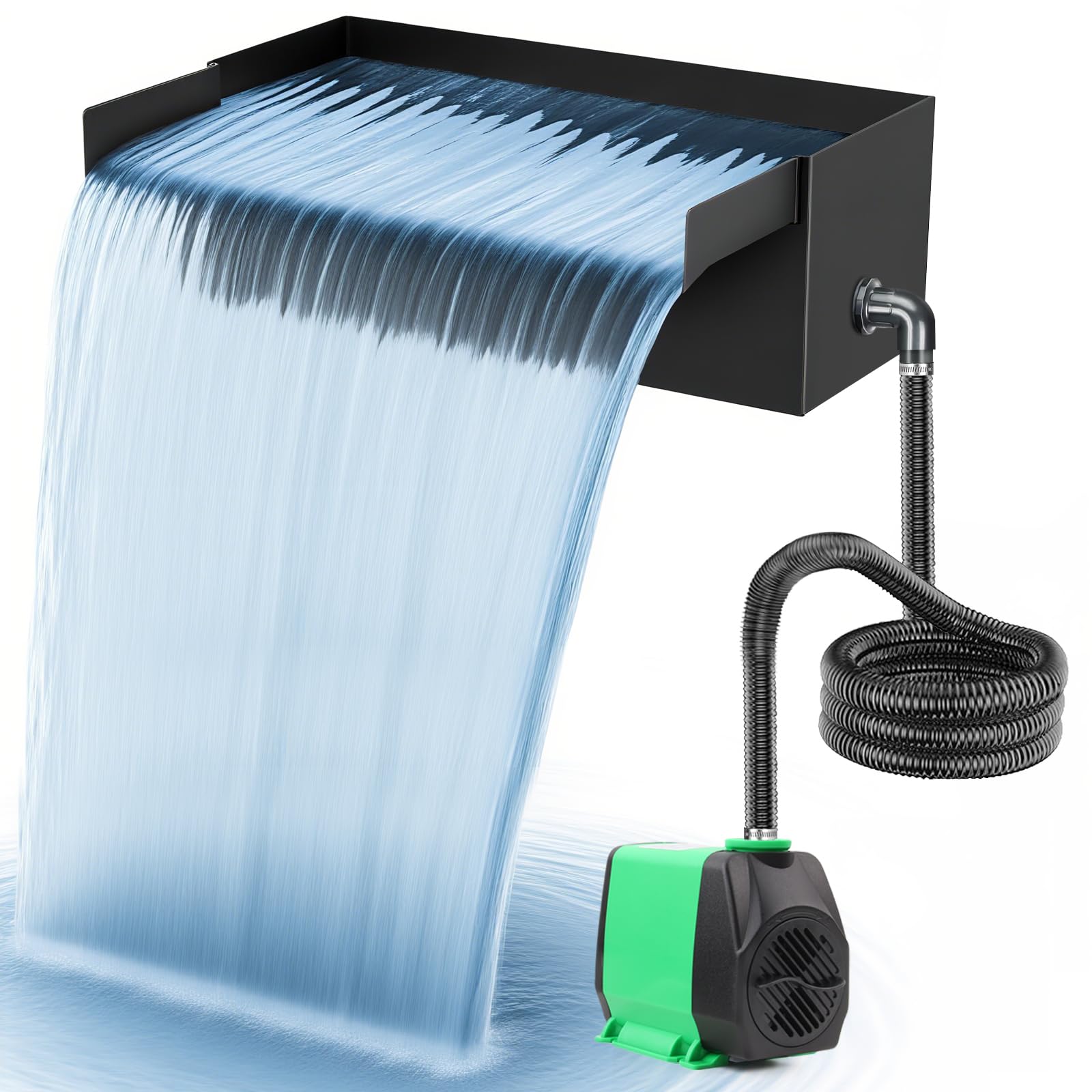 Schwarze Edelstahl Teich Wasserfall Spillway Pool Brunnen Wasser Feature, 45W 3000L/H with Pumpe, Teichüberlauf mit Pumpe und Wellrohr mit Filtermedien, für Terrasse Wasserwand