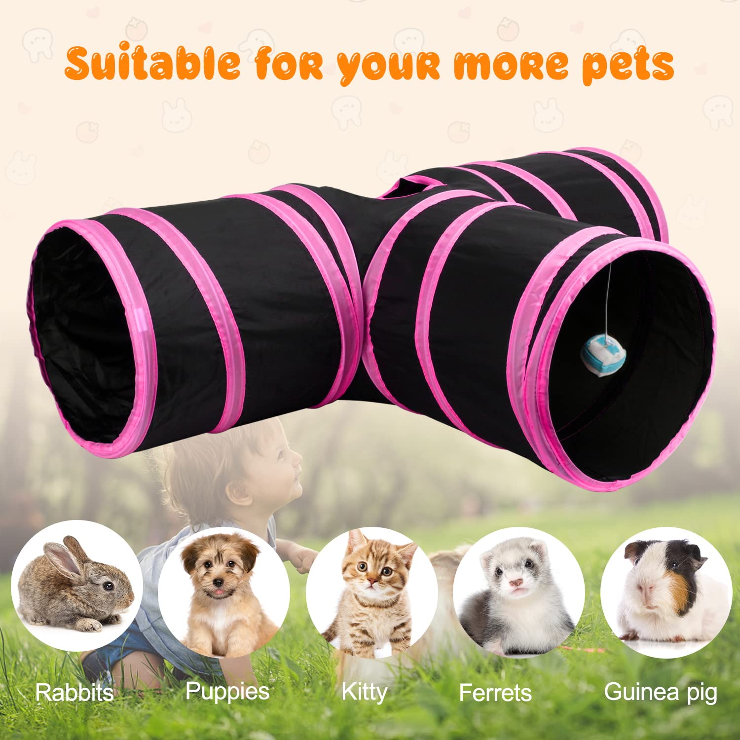 BWOGUE Bunny tunnel e tubi pieghevoli 3 vie coniglietto nascondiglio piccolo animale attività tunnel giocattoli per conigli nani coniglietto porcellini d'India Kitty