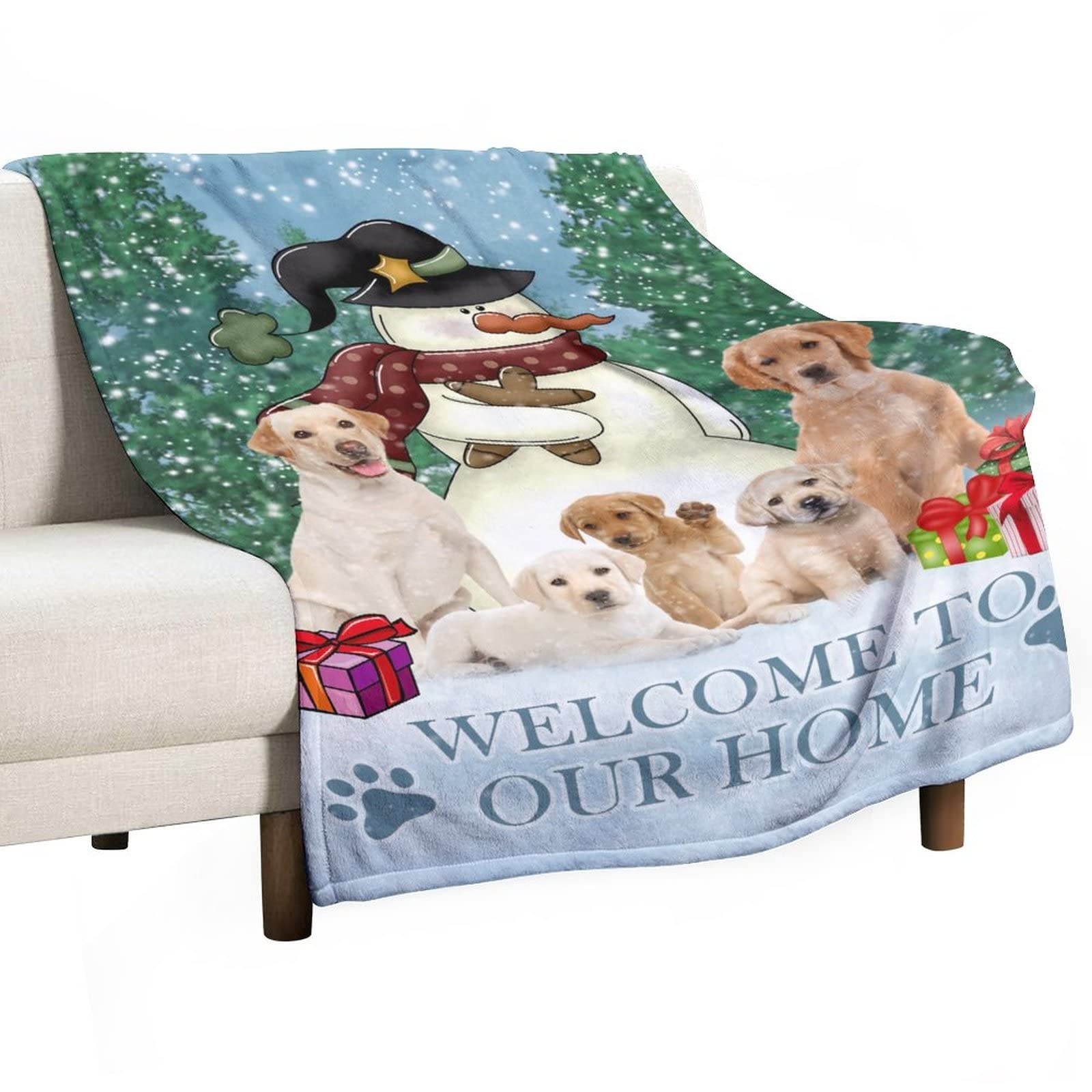 Couverture personnalisée Welcome Home pour lit et canapé motif chiens et bonhomme de neige 130x150